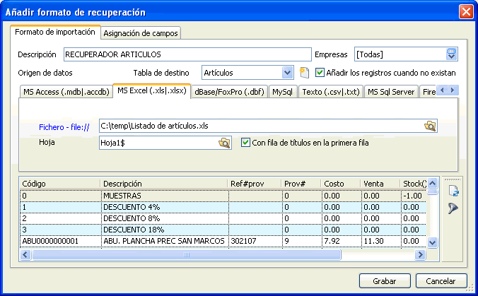Formato de importacion